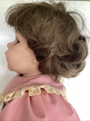 Vintage 28″ Porcelain Toddler Doll Brown Hair Eyes Pink Dress Floral Pinafore