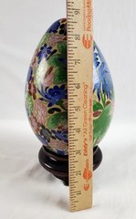 Vintage Large Floral Cloisonne Brass Enamel Egg w/ Wooden Stand 8.5″