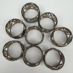 Set of 8 Vintage Silver Tone Napkin Rings Modernist Scroll Swirl Design