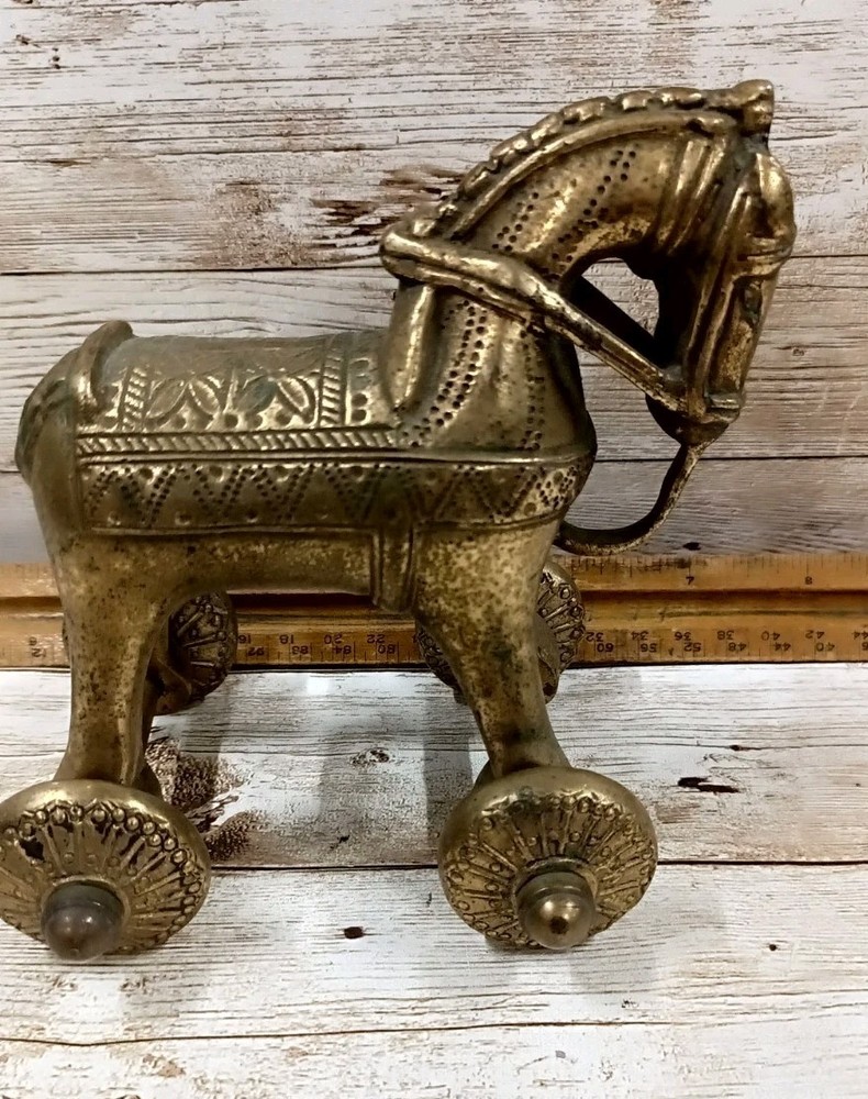 Vintage Heavy Brass Horse Figurine On Rolling Wheels 2.4#