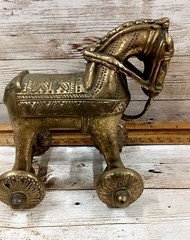 Vintage Heavy Brass Horse Figurine On Rolling Wheels 2.4#