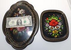 TWO Vtg Tole, Toleware Black Metal Trays, Hand-Painted Florals w/Gold Trim Edges
