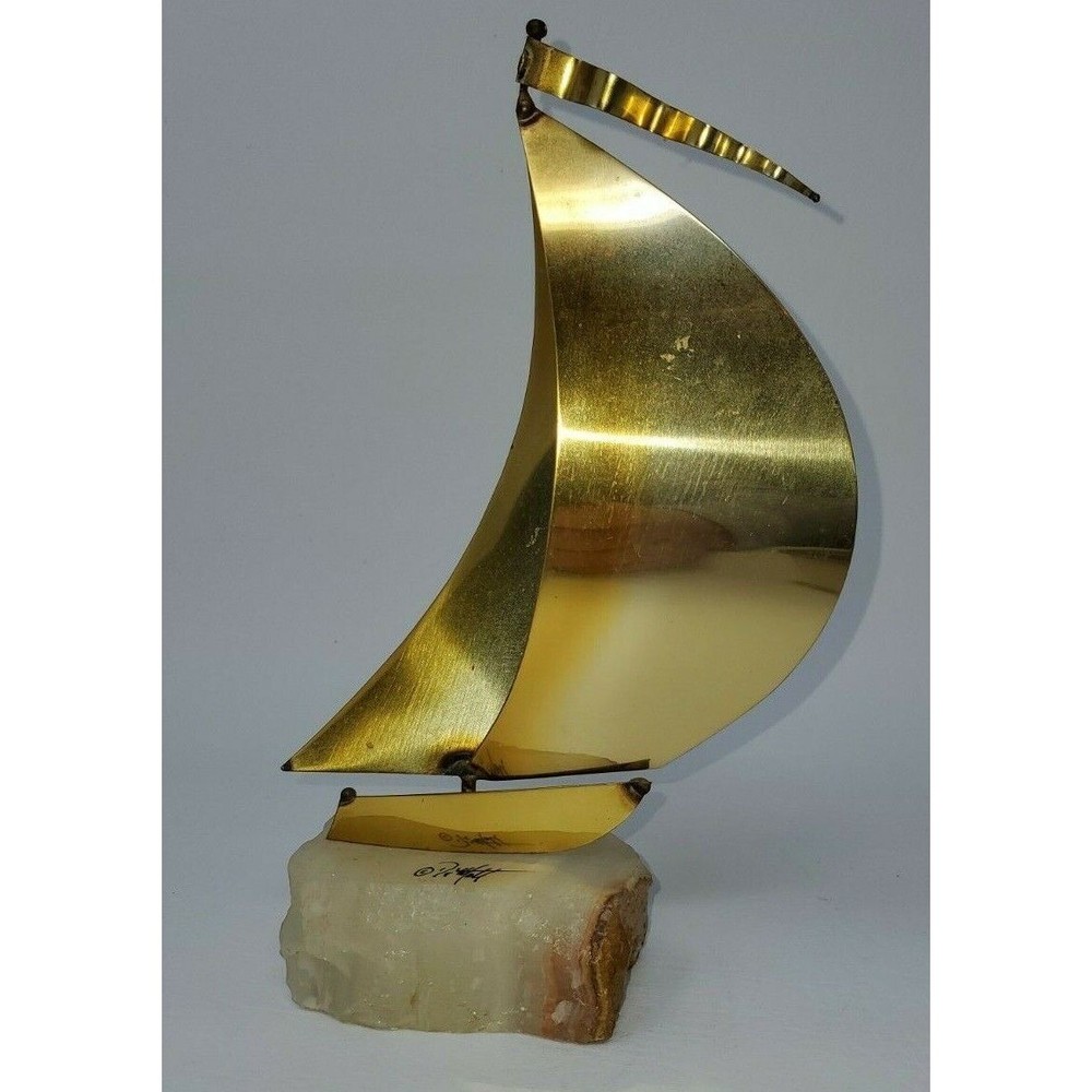 VTG John Demott Signed Mid Century Brass Sailboat Sculpture Onyx Quartz Base 8″