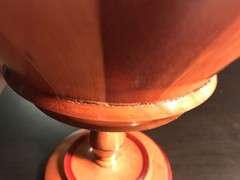 Multi-Colored Segmented Turned Wood Pedestal Bowl with Cut Out Rim Design