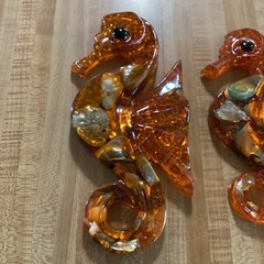 Vtg 1960s Shellart Orange Seahorse Acrylic Lucite Abalone MCM Wall Plaques Set 3