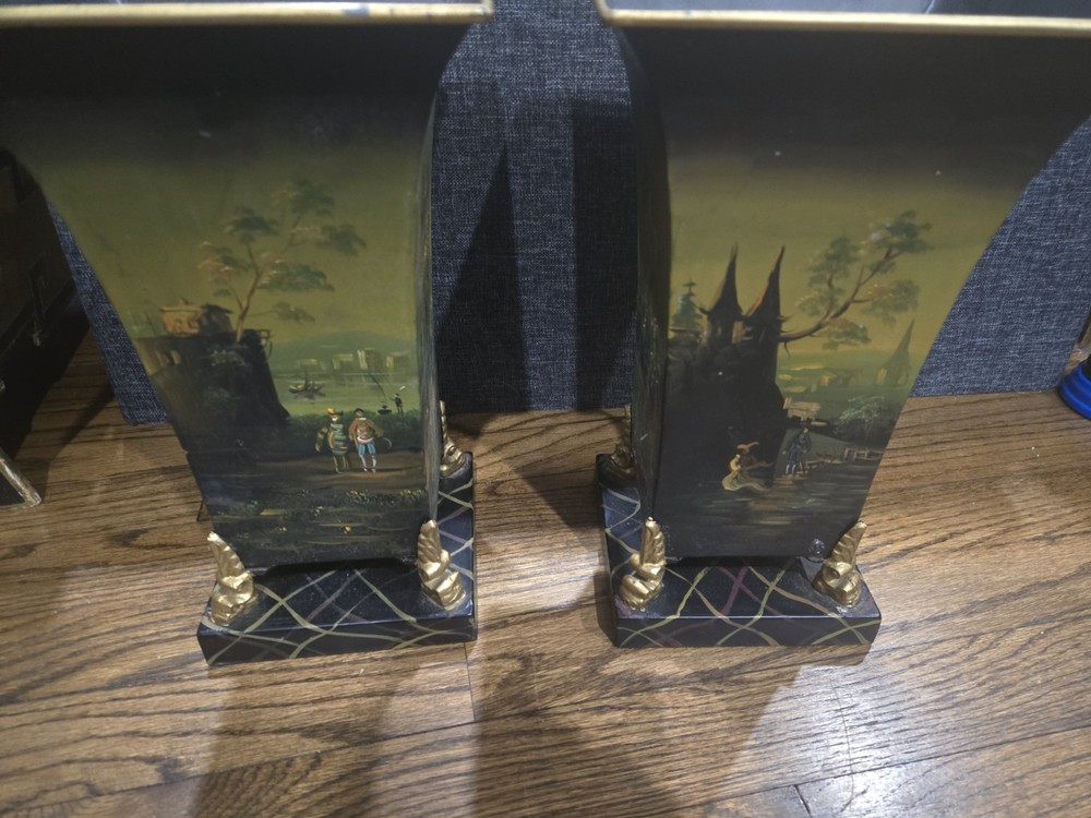 Vintage French Ormolu Style Hand Painted Pair Of Footed Tole Cachepots