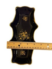 Limoges Castel France Black Porcelain Trinket Vanity Tray Gold Floral 9″ Scallop