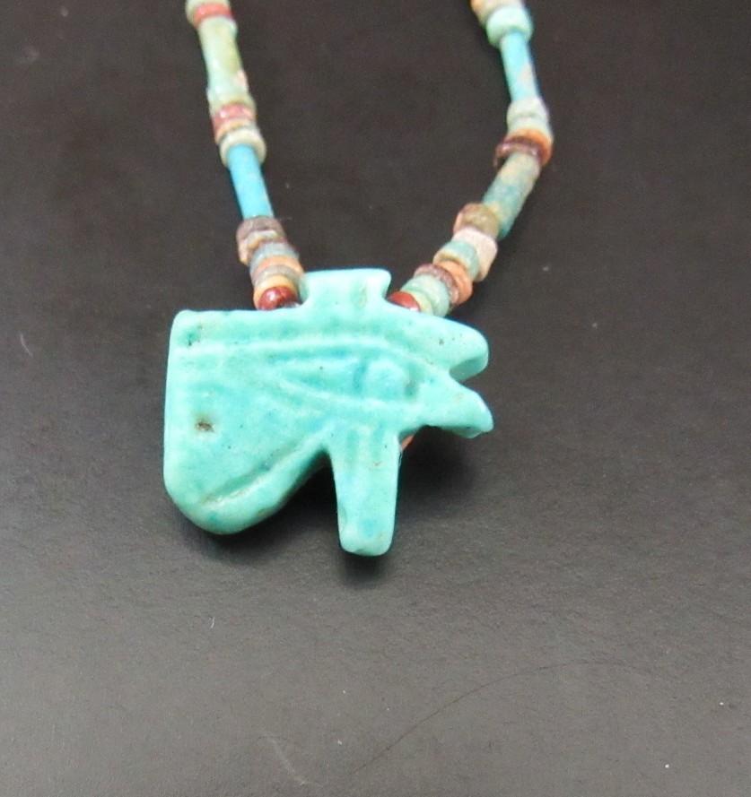 NILE Ancient Egyptian Eye of Horus Amulet Mummy Bead Necklace ca 600 BC
