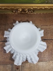 Fenton White Milk Glass Hobnail Ruffled Pedestal Compote Signed VTG, 8″