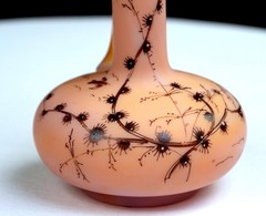 Victorian Art Nouveau Opaline Satin Glass Birds Flora 5″ Handled Bud Vase 1885-