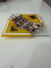 VIBRANT! Yellow Brown Square Fused Art Glass Plate 6 x 6” Jewel Tones Textured ✨