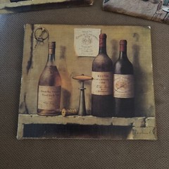 3 VTG Wine Bottle & Hotel De Paris Picture 8” X 9”on Burlap Neutral Colors