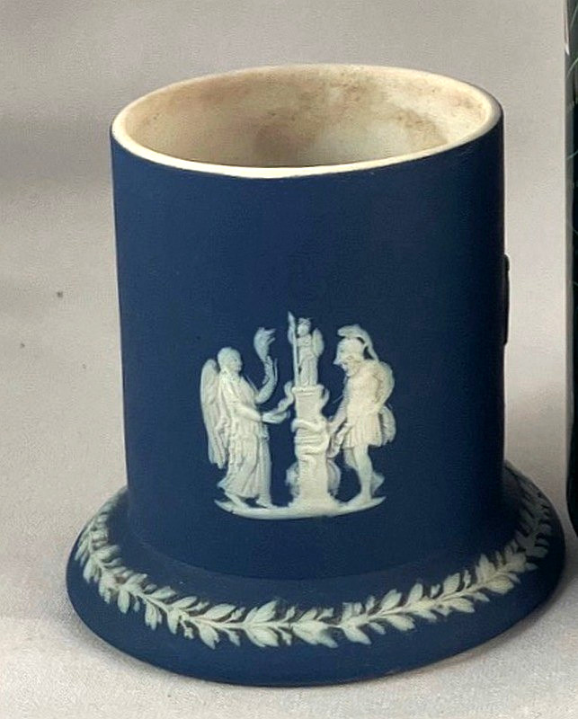 Antique 1893 Wedgwood Dark Blue Jasperware Match Holder w/Rare Strike; Toothpick