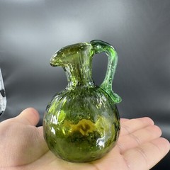 Hand Made Art Glass Green Optic Jug Miniature Pitcher Hand Blown Glass Decor VTG