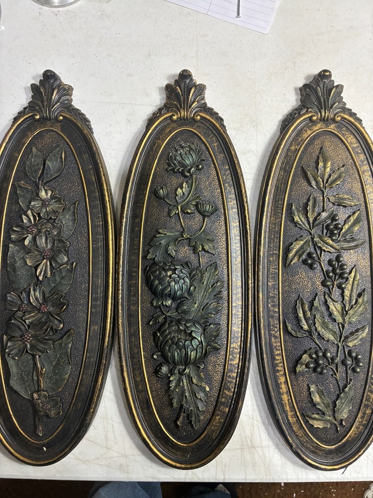 Vtg 1974 Syroco Set of 3 Seasons Floral Wall Gold Plaque #7314 #7315 #7316