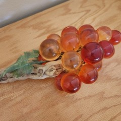 Vintage Lucite Acrylic Orange Red Grape Cluster On Driftwood Stem. MCM, 16″ Long