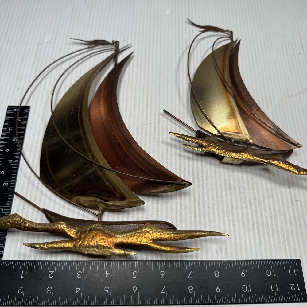 Vtg Brass Copper Sail Boats MCM Wall Hanging Set Of Two Different Sizes Nautical