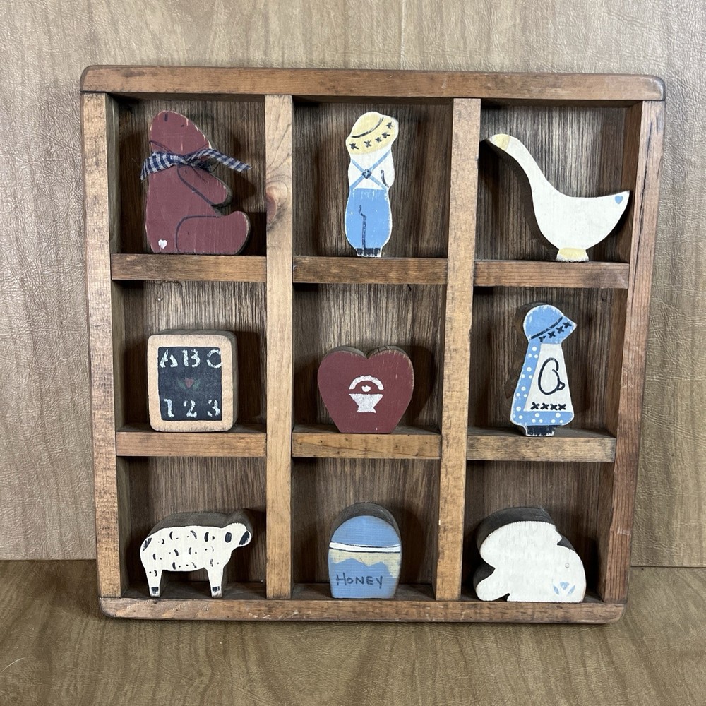 Vtg Wood Shadow Box Curio Goose Bunny Sheep Farmhouse Country Granny Core 11”