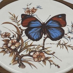 Vtg Wall Plaque Tile Trivet Butterfly Blue Brown Flowering Branch Wood Octagon