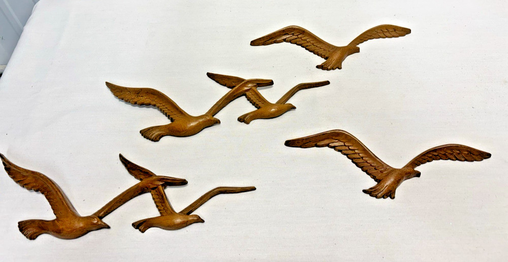 4 VTG HOMCO Home Interiors Seagulls 1981 Faux Wood Wall Art Plaques Flying Bird