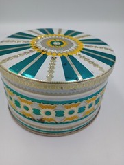 Vintage Art Deco 1930s Colorful Tin Container Round Storage Teal Yellow Silver