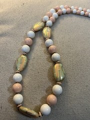 VTG MADE IN JAPAN NECKLACE WHITE PINK PALE GREEN BEADS WITH GOLD TONE ACC. 28”