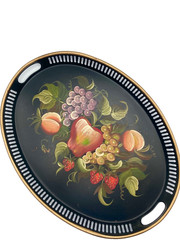 Vintage Tole Tray Hand Painted Fruit Gold Trim Pierced 17 1/2″ L x 13 W