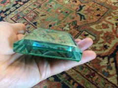 1940s blue Green glass rectangular child with dolls Victorian print paperweight