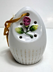 Vtg Ceramic Egg Shape Pomander Gold Pink White Floral Design Hanging Kitsch