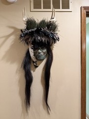 Decorative Mask with Antlers, Feathers, Long Hair – Black Gray White Original