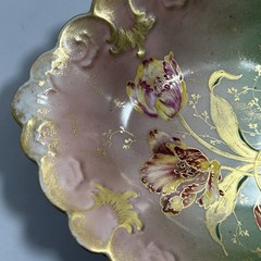 GDA Antique France Porcelain Limoges Hand Painted Tulips Green Gold Art Nouveau