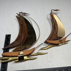 Vtg Brass Copper Sail Boats MCM Wall Hanging Set Of Two Different Sizes Nautical