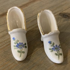 Porcelain Decorative Shoe Pair Floral Design Gold Trim White Blue Green