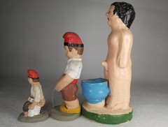 Rare Lot of 3 Polychrome Pottery Caganers using the bathroom some Signed dated