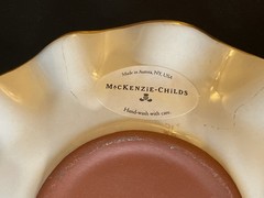 (4pc) Rare Mackenzie Childs Parchment Check Ceramic Fluted Saucers W/ Gold Dots