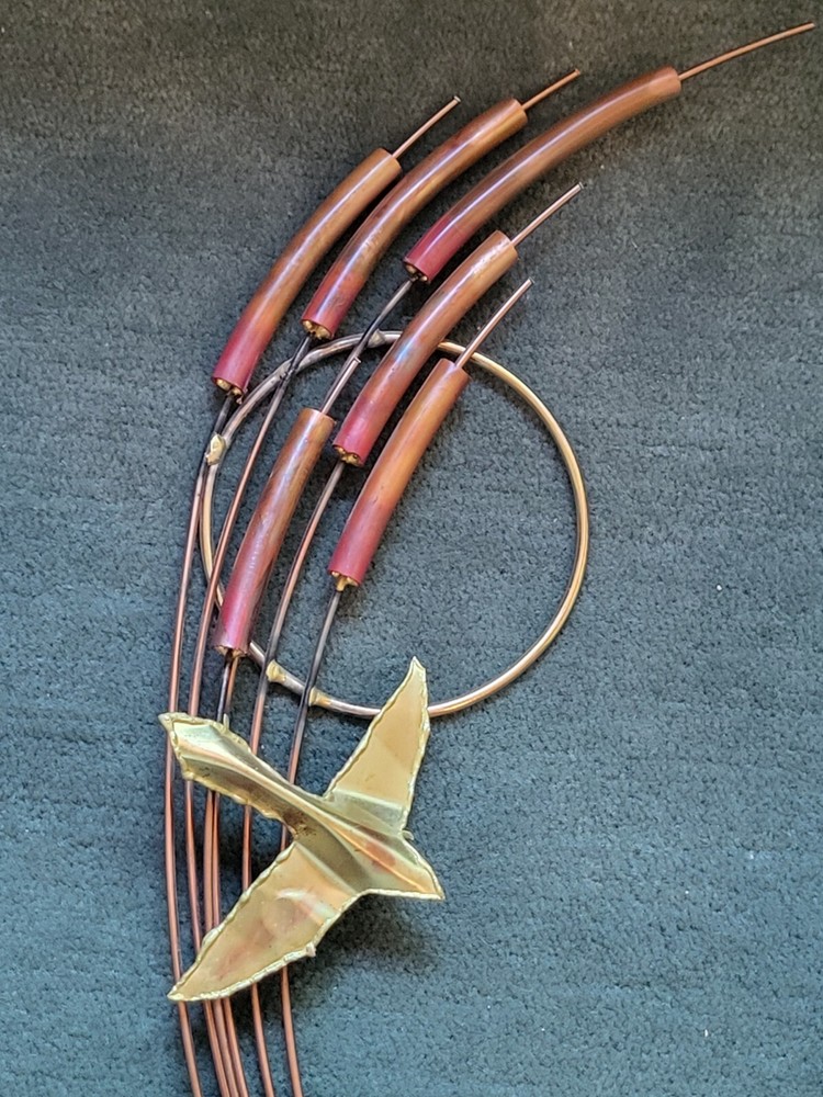 Vintage MCM Bird Brass/ Copper Wall Art Decor with Cattails Wall Decoration