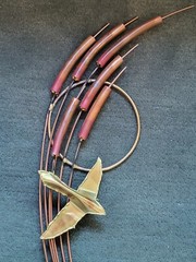 Vintage MCM Bird Brass/ Copper Wall Art Decor with Cattails Wall Decoration