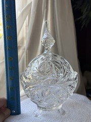 Czech Pinwheel Star of David Crystal Cut Glass 3 footed Candy Dish w Steeple Lid
