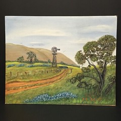 Original Bluebonnets Windmill Hills Trees Country Roads Unframed Painting Signed
