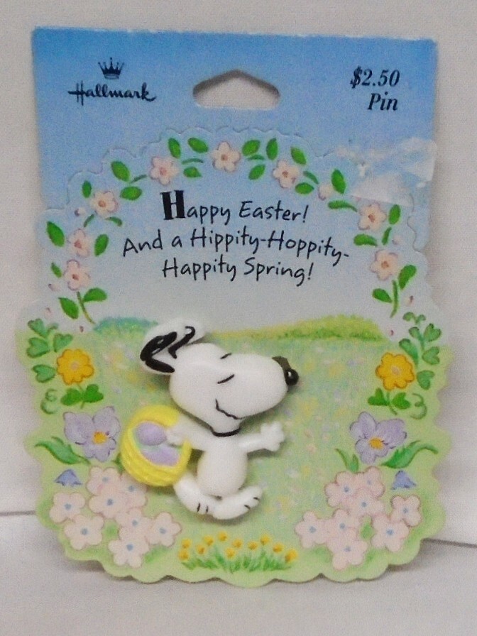 Vintage 1990s Hallmark Easter Spring Lapel Pin Snoopy Basket of Eggs On Card K3