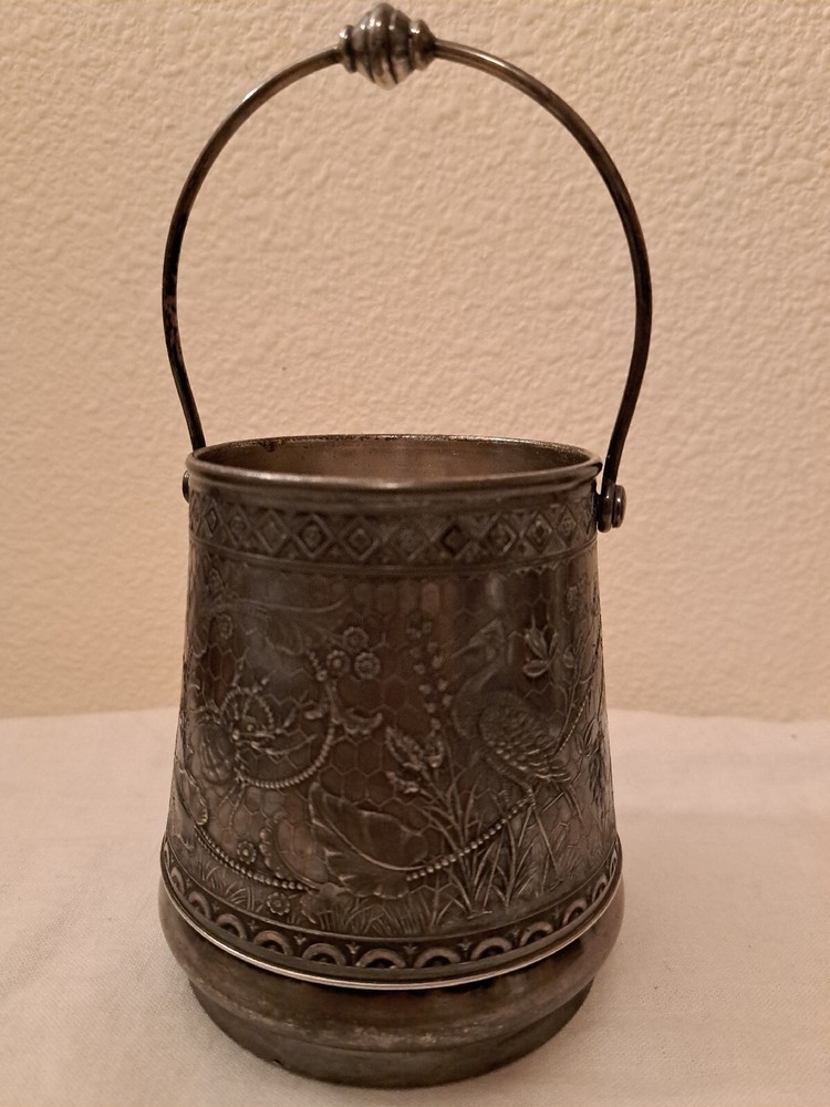 Rare 525 White Metal Container With Handle Detailed Design 4.5” Tall w/o Handle