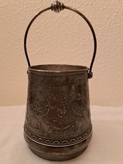 Rare 525 White Metal Container With Handle Detailed Design 4.5” Tall w/o Handle