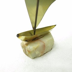 Vtg Mid Century Brass Sailboat Sculpture w/ Bird DeMott Onyx Base Signed
