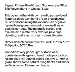 Signed Pottery Bowl Cream Stoneware w/ Blue Slip Woven Band In Coastal Style