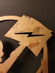 Art Deco 1930s Tin Newspaper Boy Lightning Bolt Collapsible Rack Feet Gold Paint