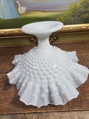 Fenton White Milk Glass Hobnail Ruffled Pedestal Compote Signed VTG, 8″