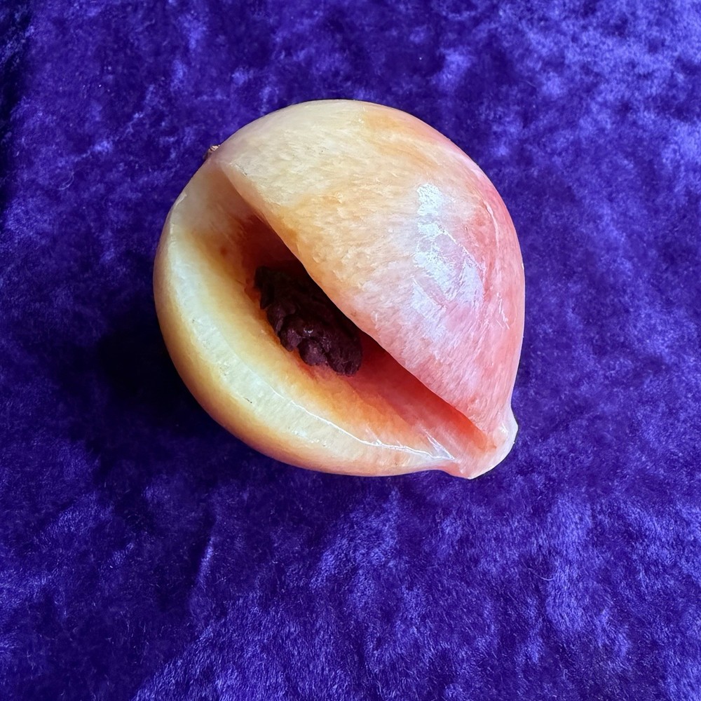 Alabaster 3″ Stone Fruit Peach Apricot Vintage Exposed Pit Seed Wood Stem
