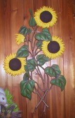 BURWOOD SUNFLOWERS PLAQUE REPAINTED FLOWER HEADS VINTAGE 29″ X 17″ SOLD AS IS