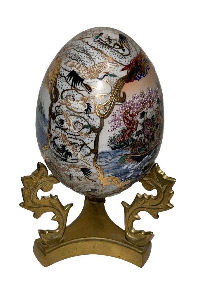 Vintage Large Ceramic Asian Geisha Satsuma Egg Figurine Fancy Brass Base
