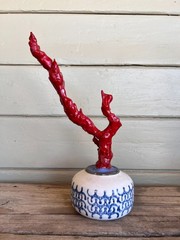Faux Red Coral Specimen in Blue & White Floral Small Vase in Chinoiserie Style